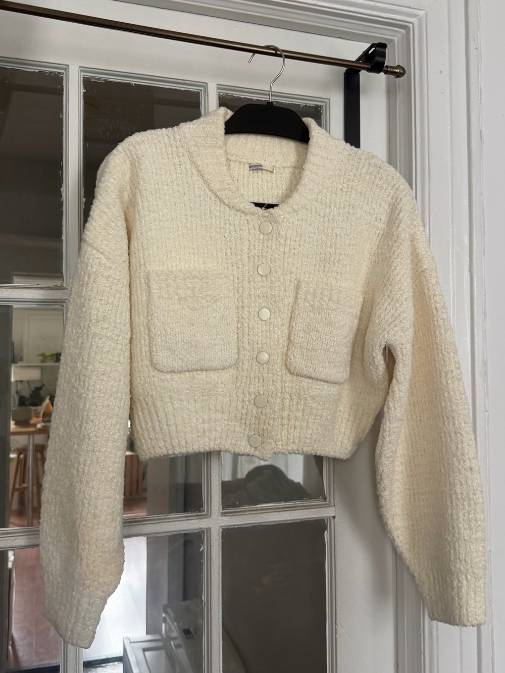 House of CB Cream Cropped Bouclé Cardigan with Patch Pockets - Picture 1 of 3